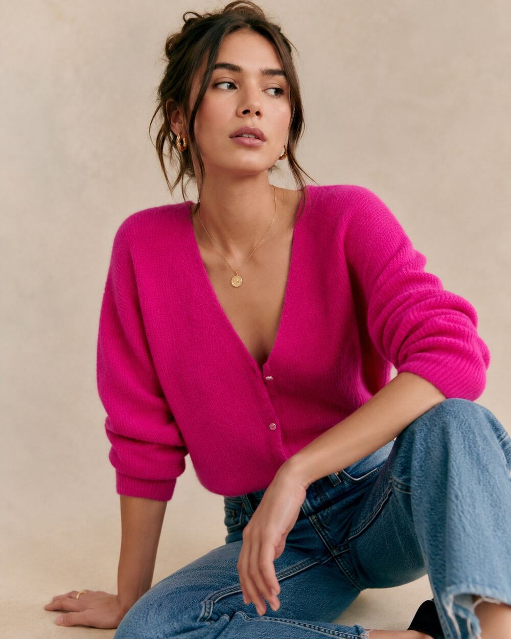 Sezane Barry Cardigan Super Kid Mohair Baby Alpaca Fuchsia Pink Sweater M
